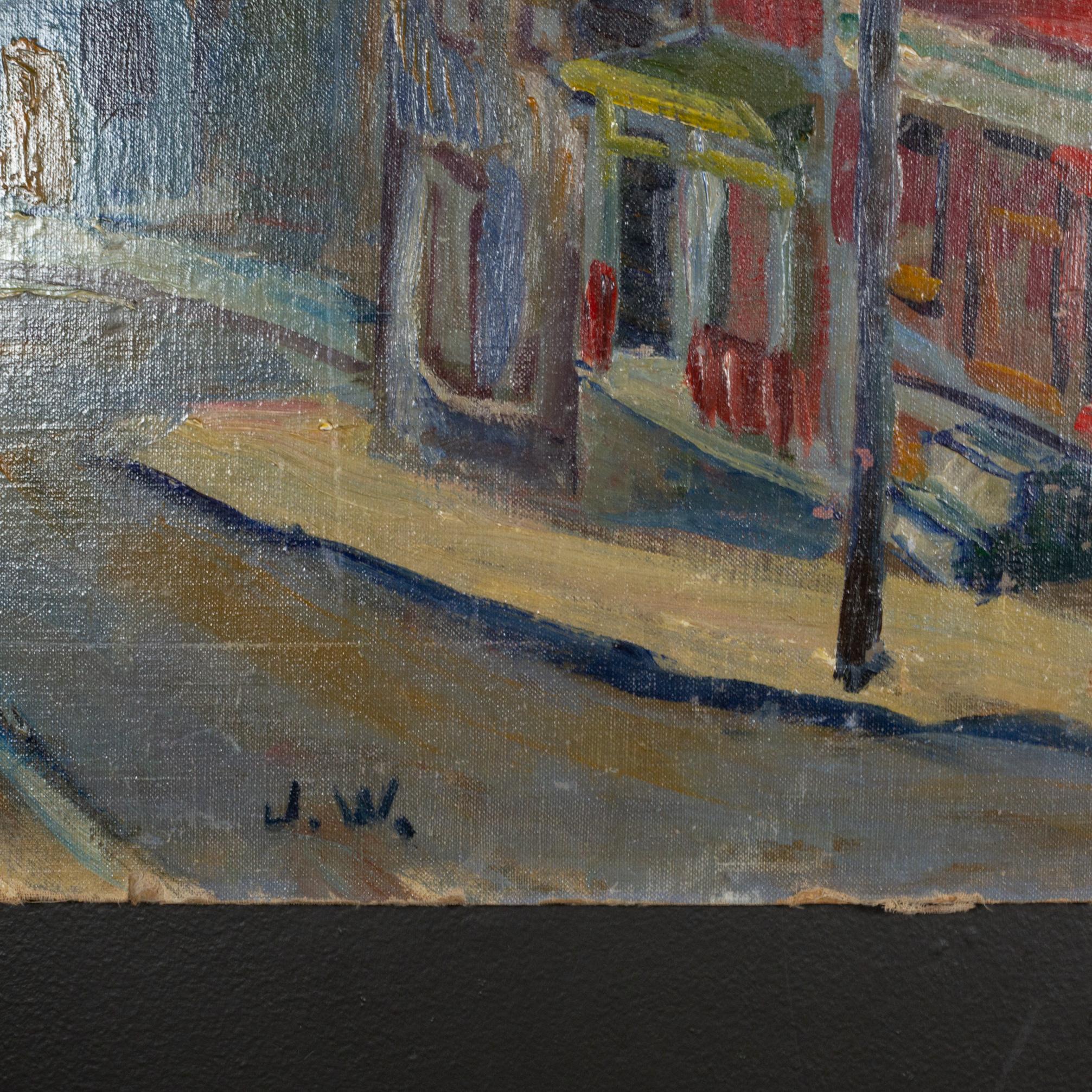 JW Street Scene, Oil on Canvas/Masonite Painting, Signed, 1940 (amerikanisch) im Angebot