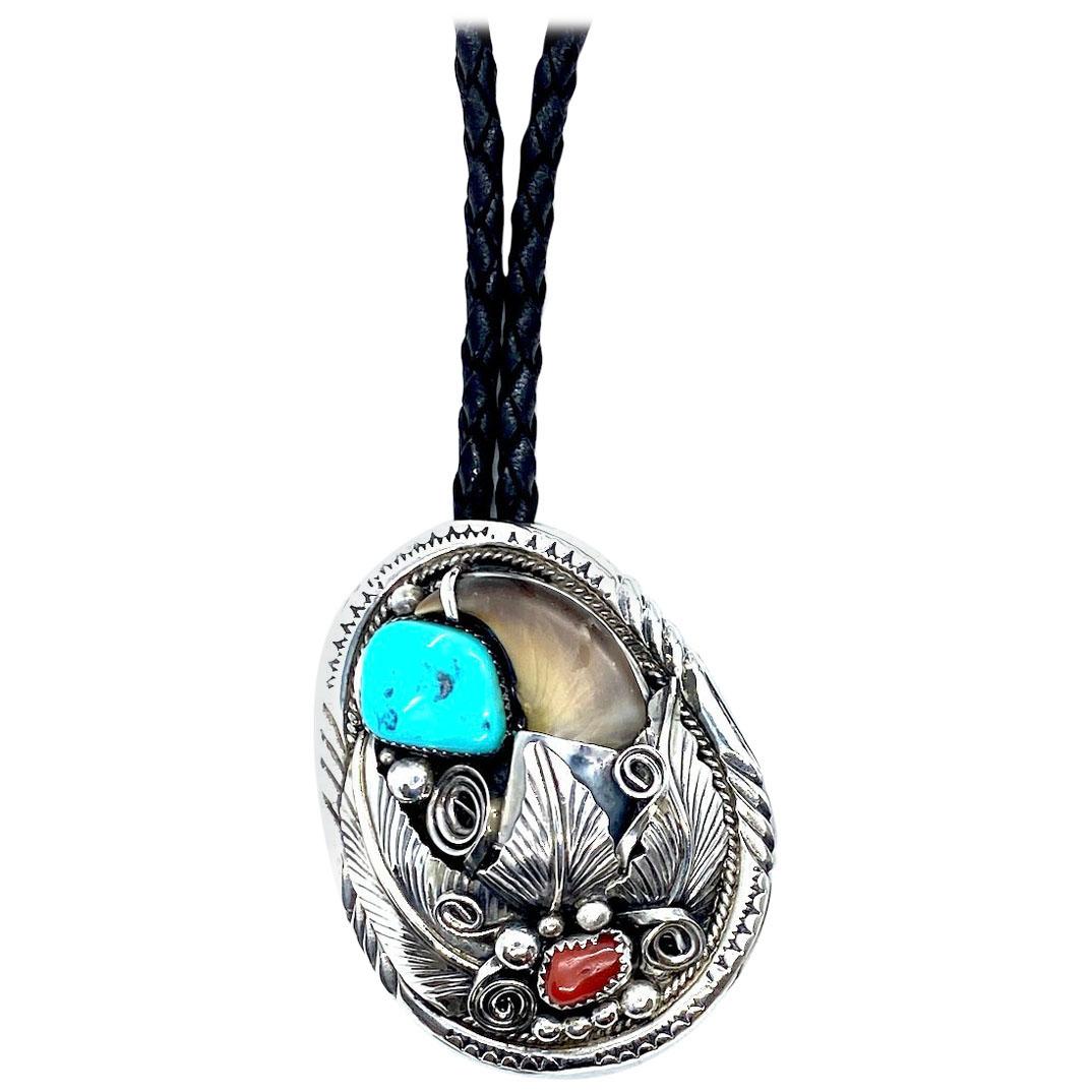JW TOADLENA Native American Bear Bolo Tie Turquoise and Coral