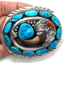 JW Toadlena Native American Bear Belt Buckle with Turquoise and Coral 2.95 Oz