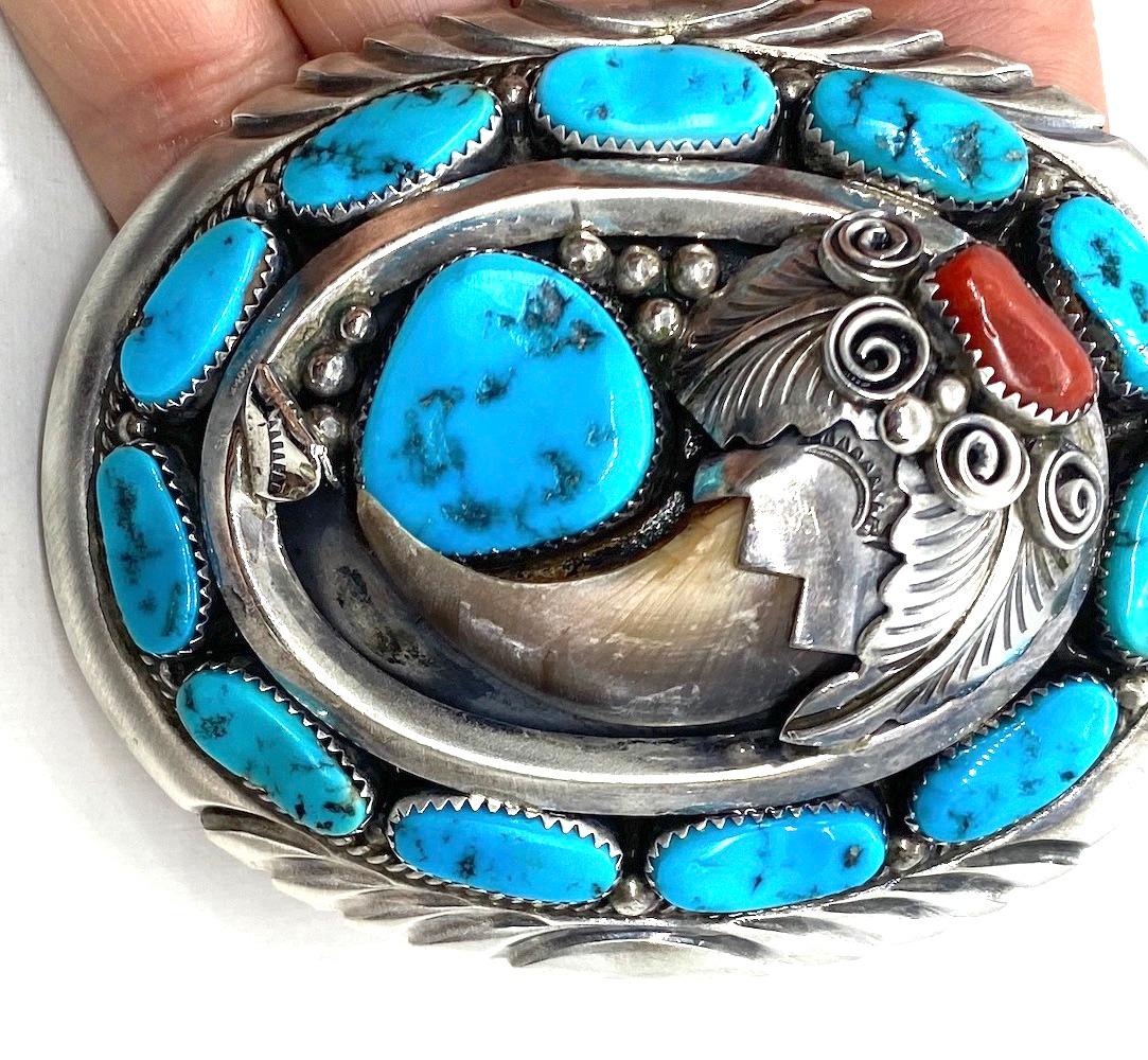 Anglo-Indian JW Toadlena Native American Bear Belt Buckle with Turquoise and Coral 2.95 Oz