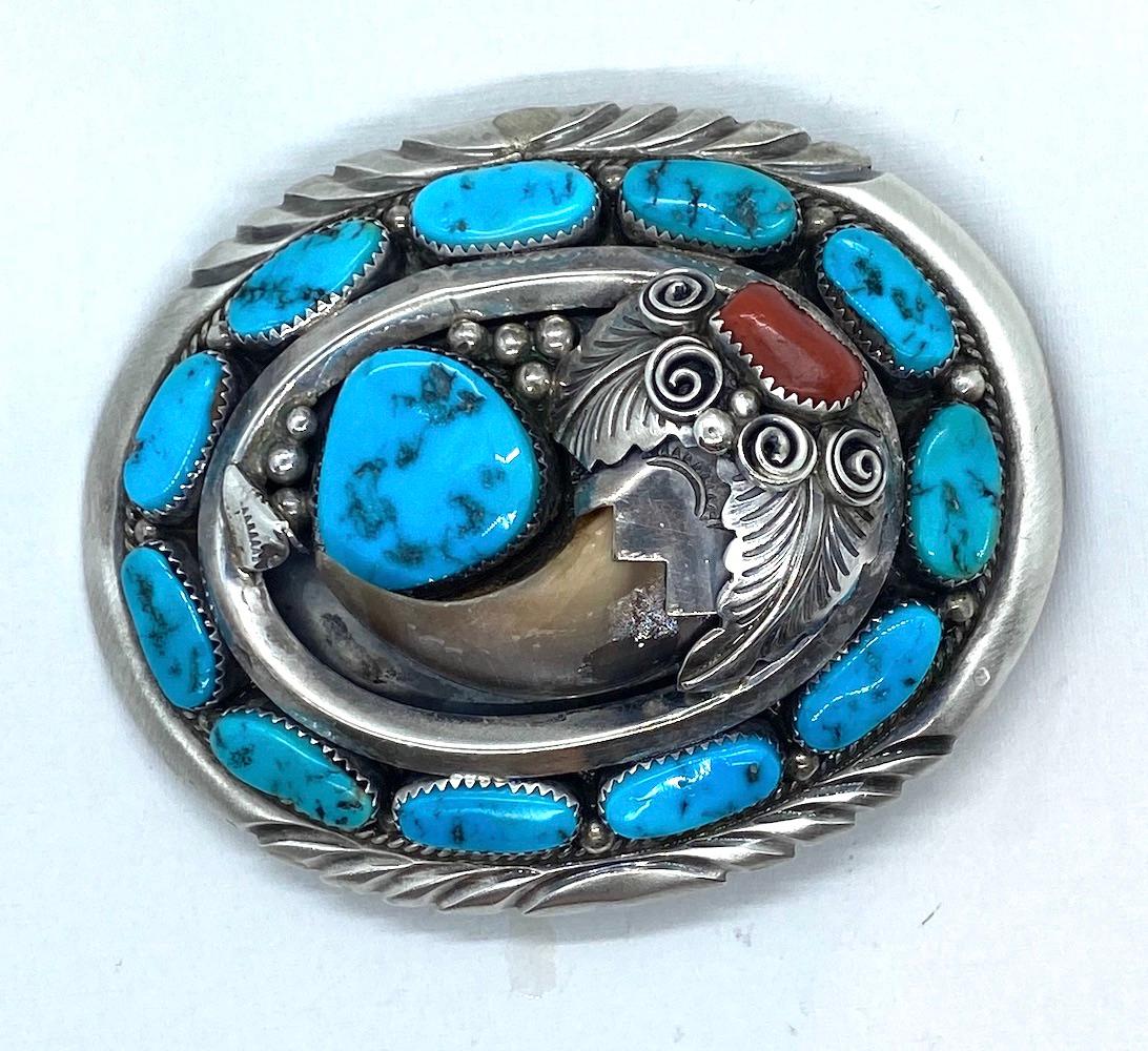 Antique Cushion Cut JW Toadlena Native American Bear Belt Buckle with Turquoise and Coral 2.95 Oz