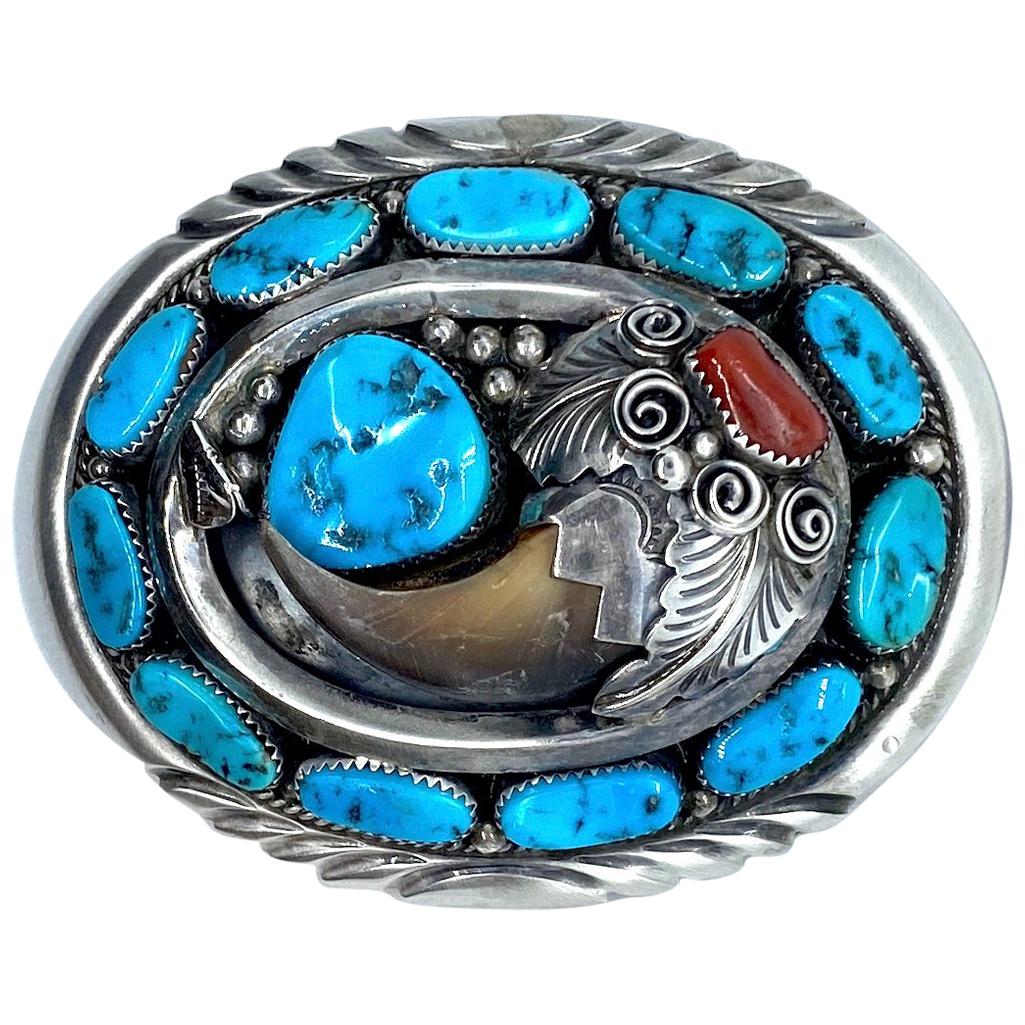JW Toadlena Native American Bear Belt Buckle with Turquoise and Coral 2.95 Oz