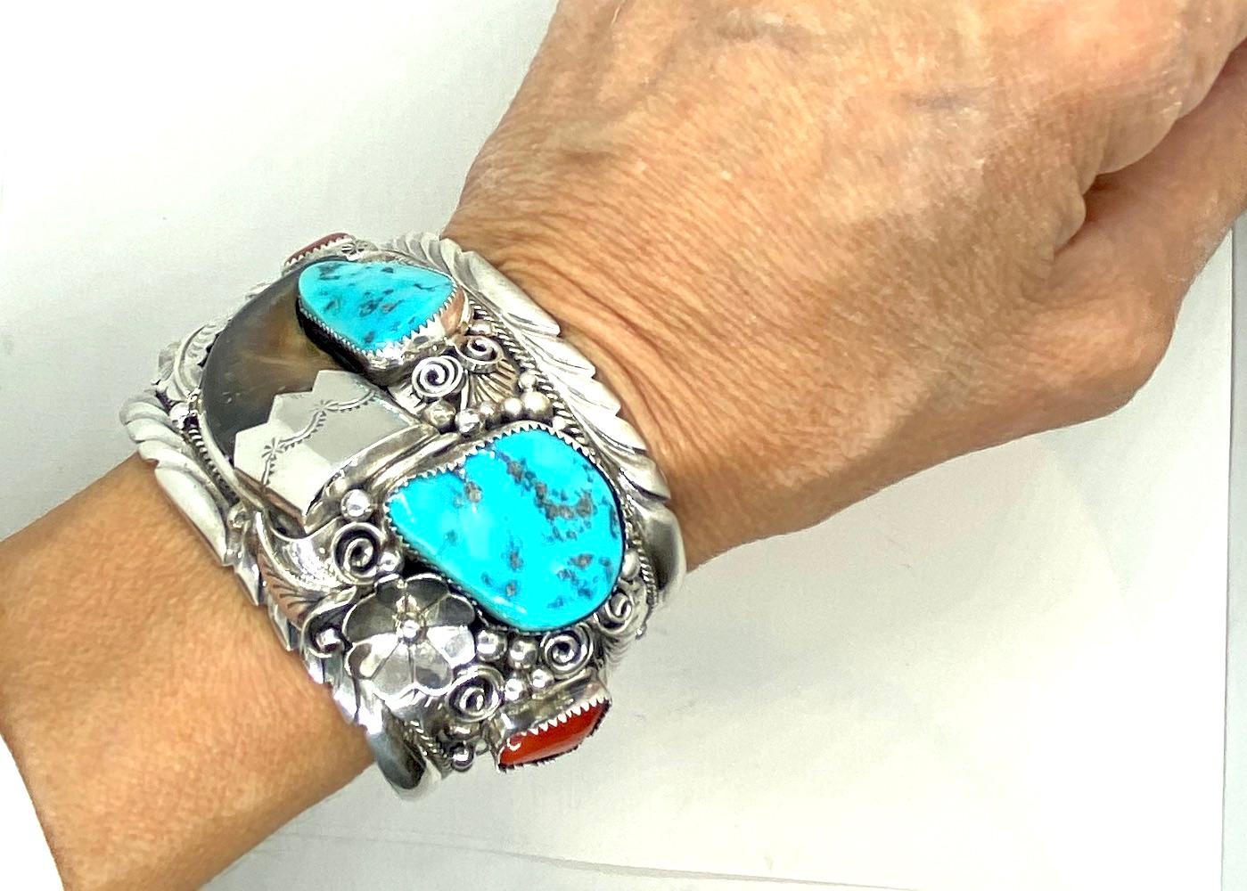 JW Toadlena Native American Bear Cuff Bracelet with Turquoise and Coral 4.12 Oz 1