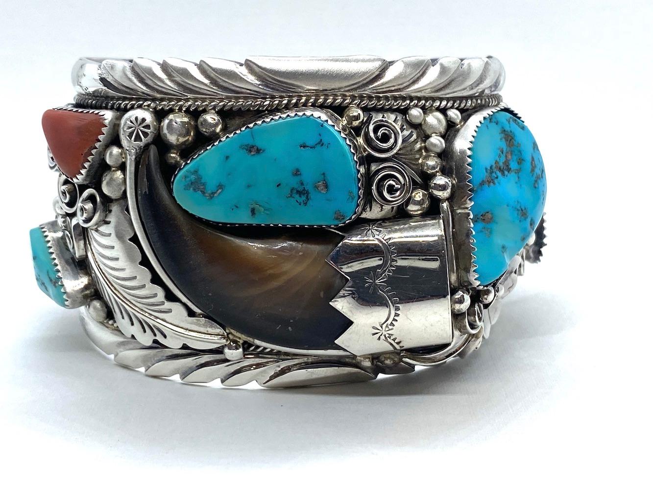 Anglo-Indian JW Toadlena Native American Bear Cuff Bracelet with Turquoise and Coral 4.12 Oz