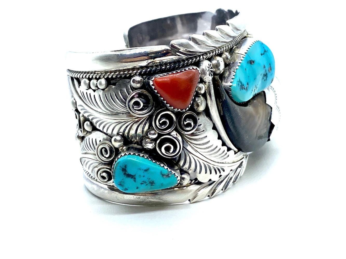 Antique Cushion Cut JW Toadlena Native American Bear Cuff Bracelet with Turquoise and Coral 4.12 Oz