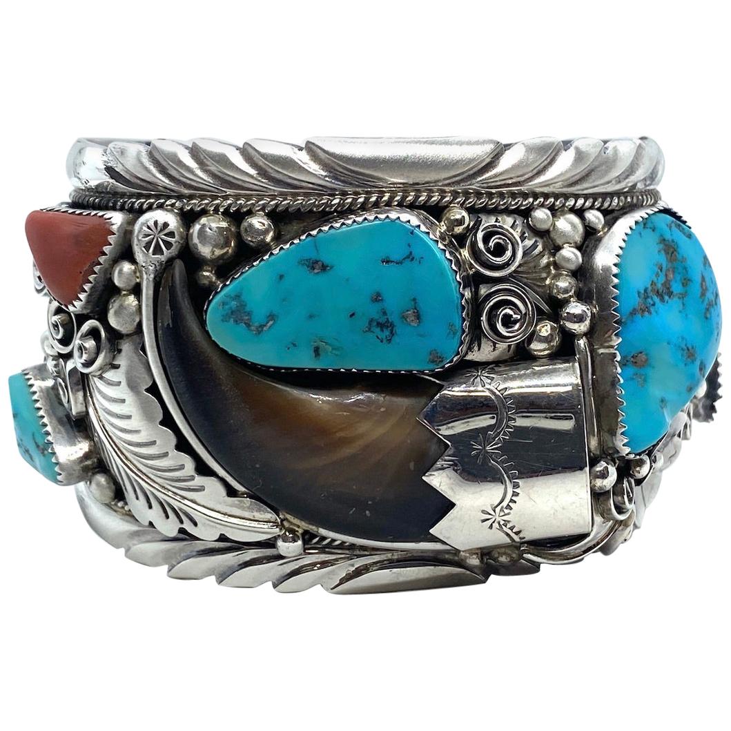 JW Toadlena Native American Bear Cuff Bracelet with Turquoise and Coral 4.12 Oz