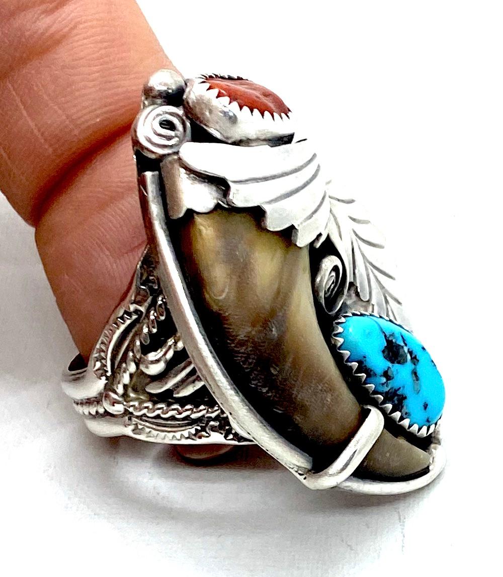 Anglo-Indian JW Toadlena Native American Bear Ring with Turquoise and Coral Sterling