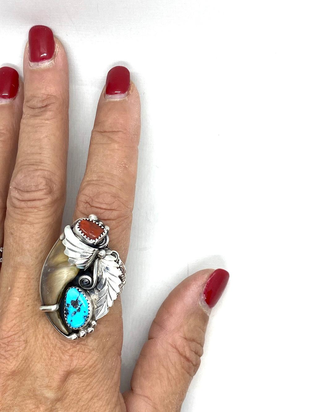 Antique Cushion Cut JW Toadlena Native American Bear Ring with Turquoise and Coral Sterling