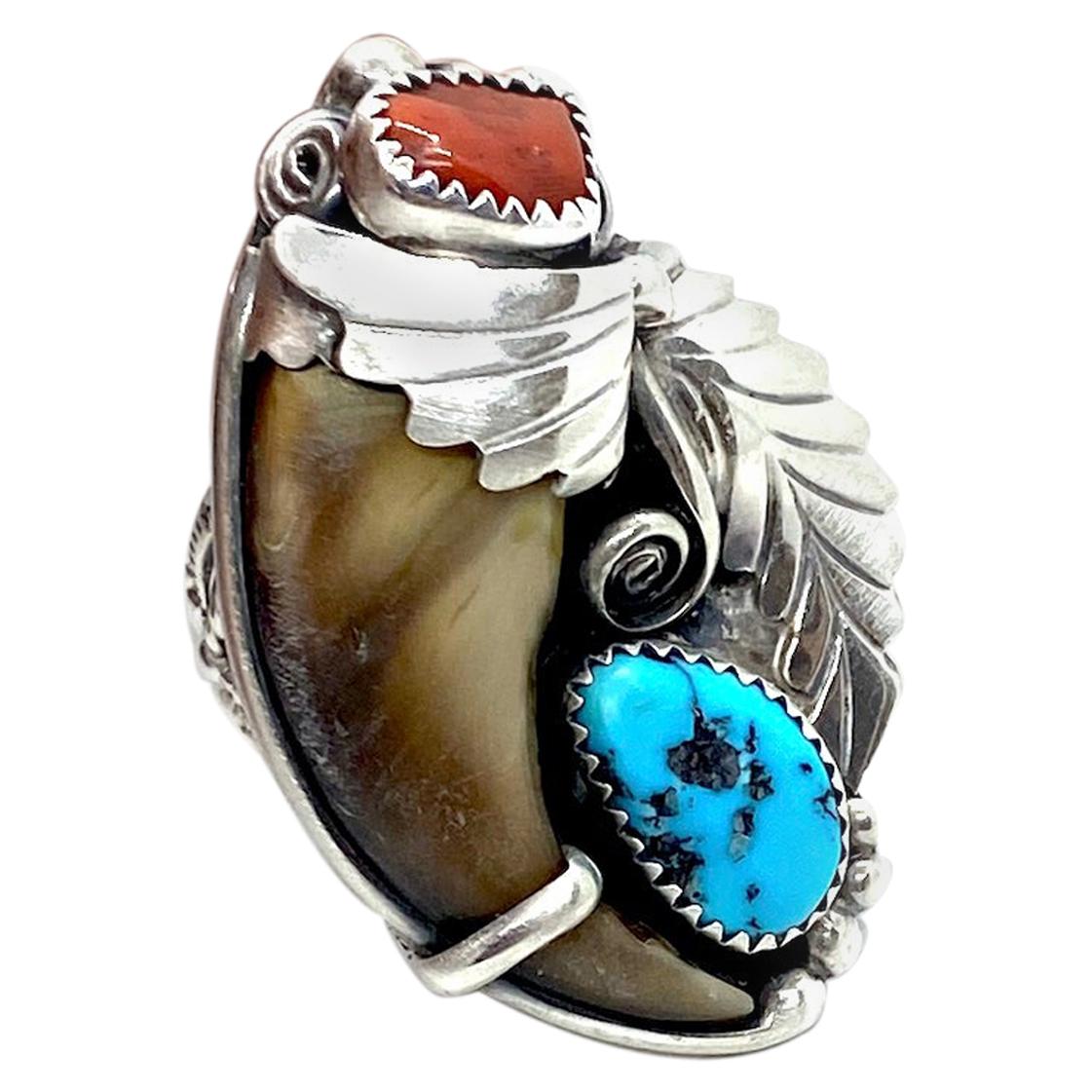 JW Toadlena Native American Bear Ring with Turquoise and Coral Sterling