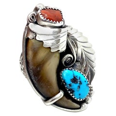 Antique JW Toadlena Native American Bear Ring with Turquoise and Coral Sterling