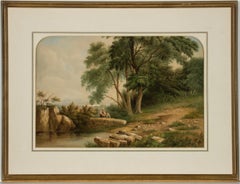 J.W. Tuton - 1856 English Watercolour, Landscape with Figures Beside a Pond