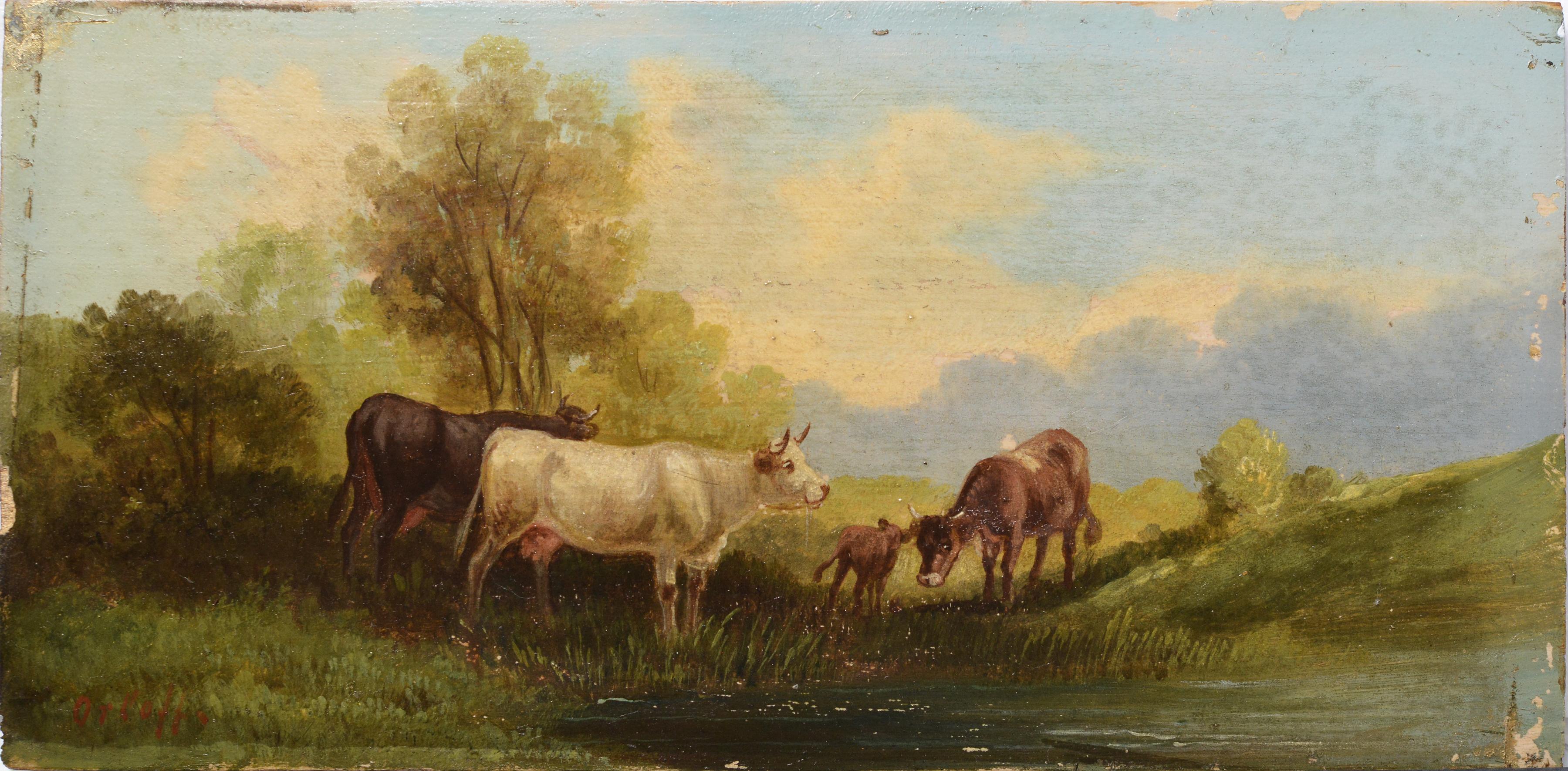 Pastoral Landscape w Cattle Cows 19th century Oil Painting by Russian Master - Brown Animal Painting by Jwan Petowitsch Orloff