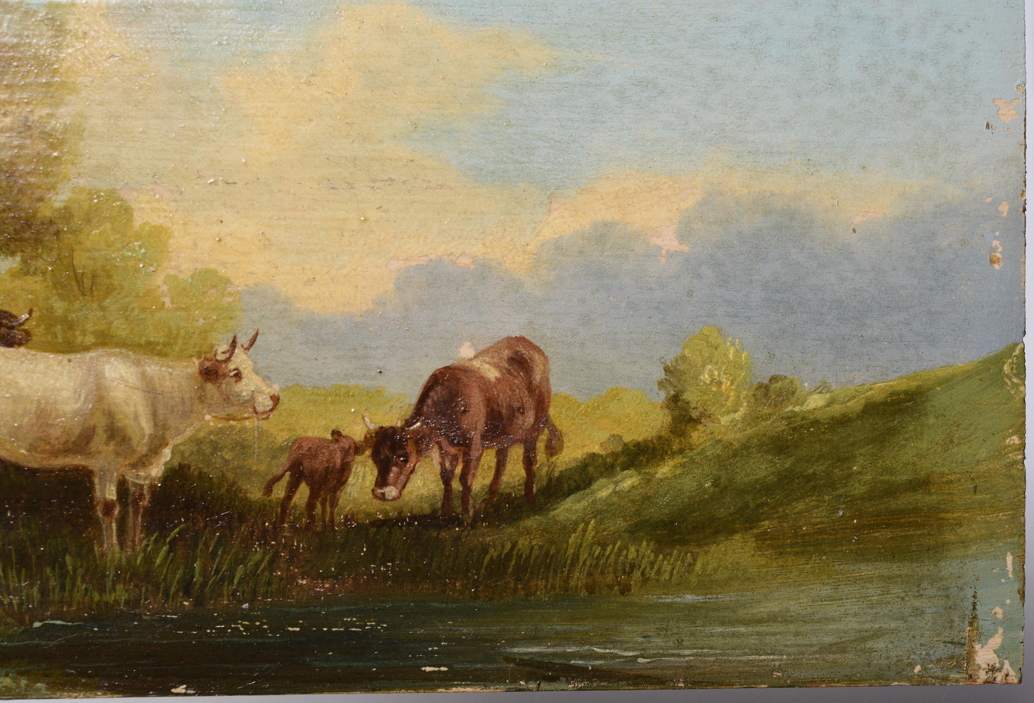 Pastoral Landscape w Cattle Cows 19th century Oil Painting by Russian Master For Sale 2