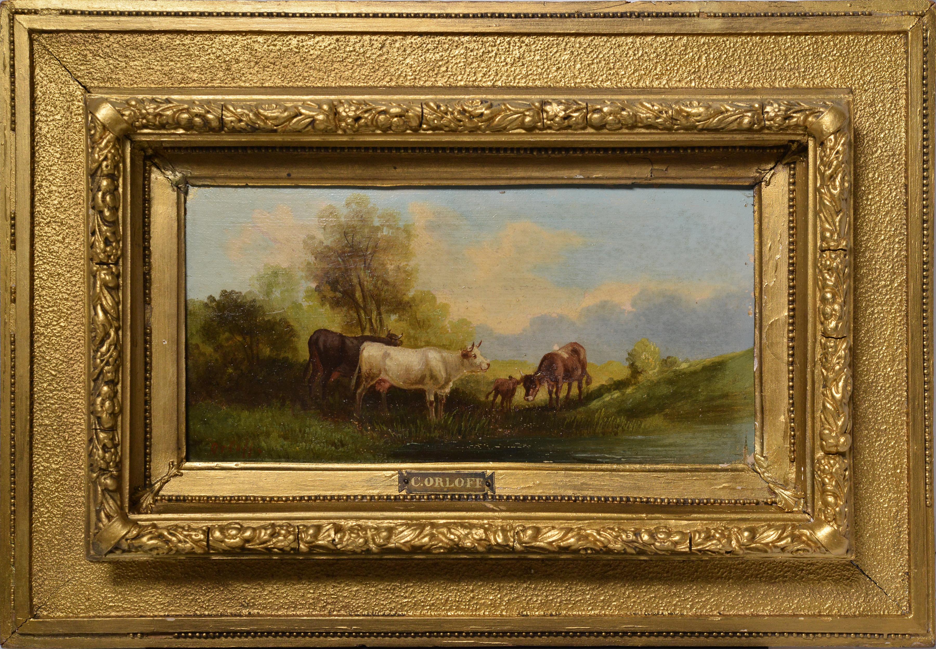 Jwan Petowitsch Orloff Animal Painting - Pastoral Landscape w Cattle Cows 19th century Oil Painting by Russian Master