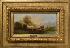 Vintage Pastoral Landscape w Cattle Cows 19th century Oil Painting by Russian Master