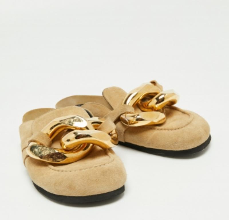 J.W.Anderson Beige Suede Chain Link Accents Flat Slide Sandals Size 39 For Sale 5