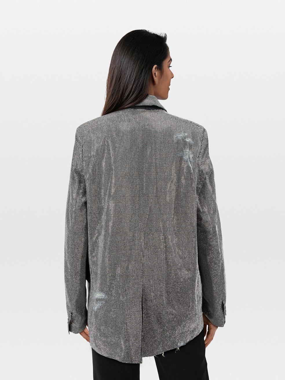 CONDITION is VeryGood. Hardly any visible wear to jacket is evident on this used JW Anderson designer resale item. Please note this item is purposely distressed.
 
 
 
 Details
 
 
 Silver
 
 Denim
 
 Blazer
 
 Studded
 
 Long sleeves
 
 Button up