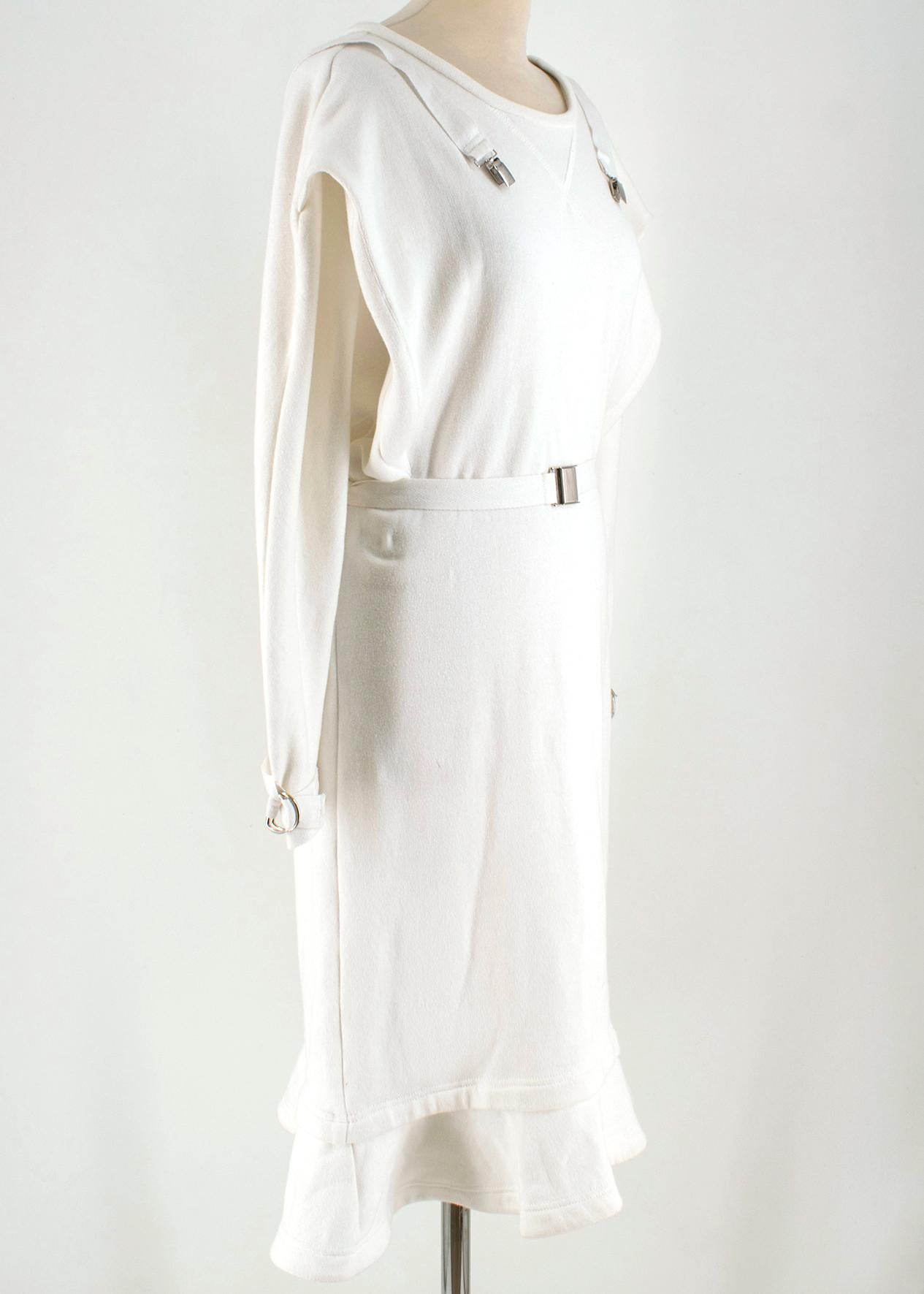 J.W.Anderson White Fleece-back Jersey Sweatshirt  Rope Dress

- White, fleece-back jersey
 dress
- Silver-tone hardware
-Adustable rope tie at  waist with silver clasps
- Adustable rope tie at cuffs
- Layered frilled hem
- Round-neck
- Long