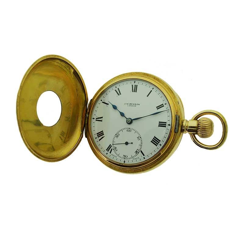 FACTORY / HOUSE: J.W. Benson
STYLE / REFERENCE: Men's Full Size Half Hunter Pocket Watch
METAL / MATERIAL: Heavy Gold Shell
CIRCA / YEAR: 1900's
DIMENSIONS / SIZE: Diameter 50mm
MOVEMENT / CALIBER: Manual Winding / 17 Jewels 
DIAL / HANDS: Kiln
