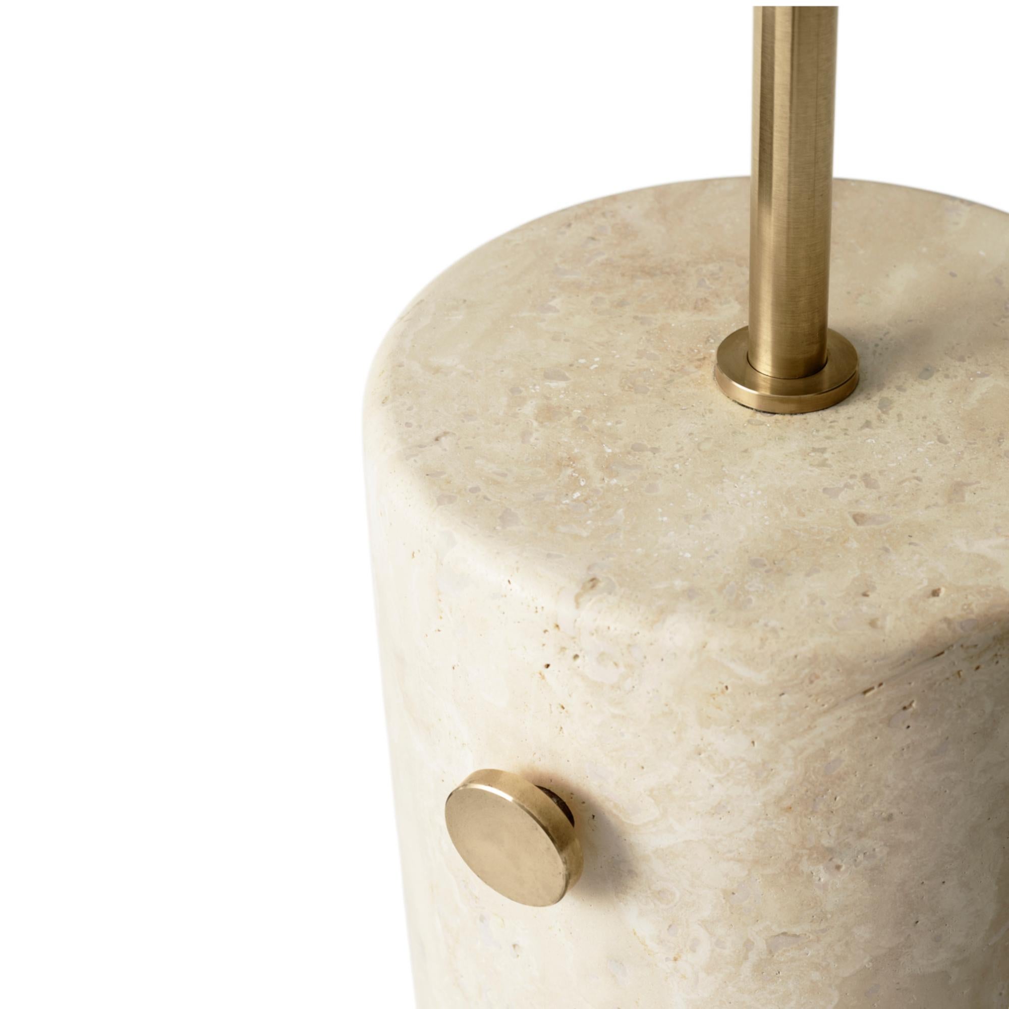 Chinese JWDA Floor Lamp, Travertine Base with Brushed Brass For Sale