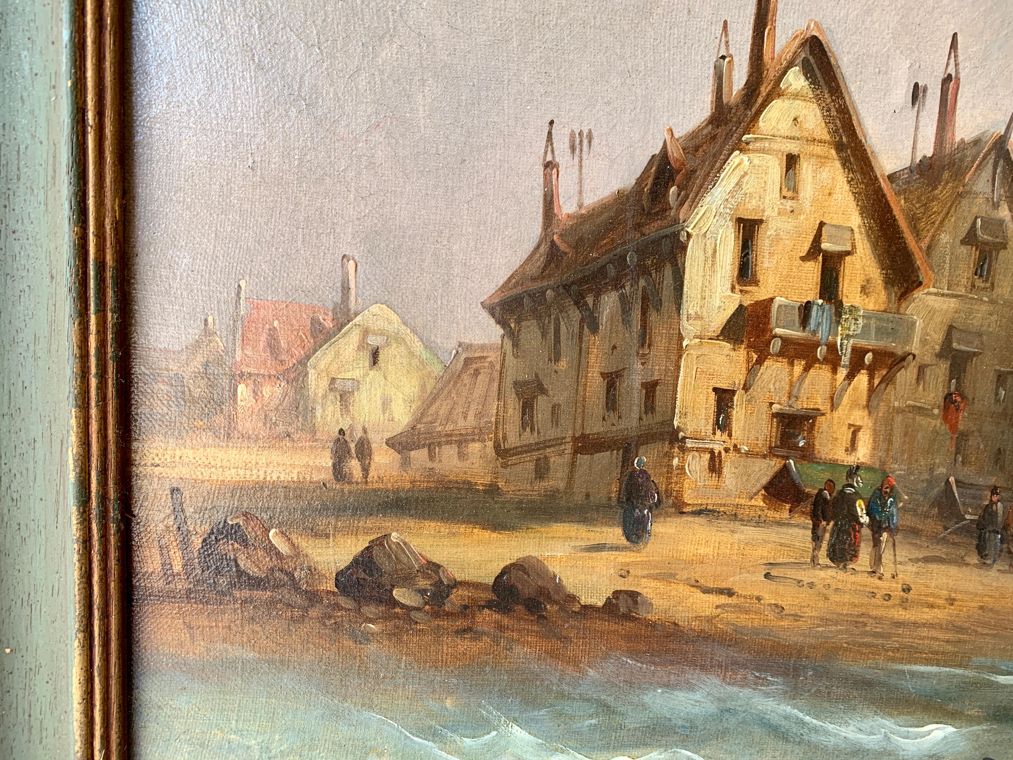 French 19th century fishing boats off the coast with figures, houses and beach - Victorian Painting by J.Willems