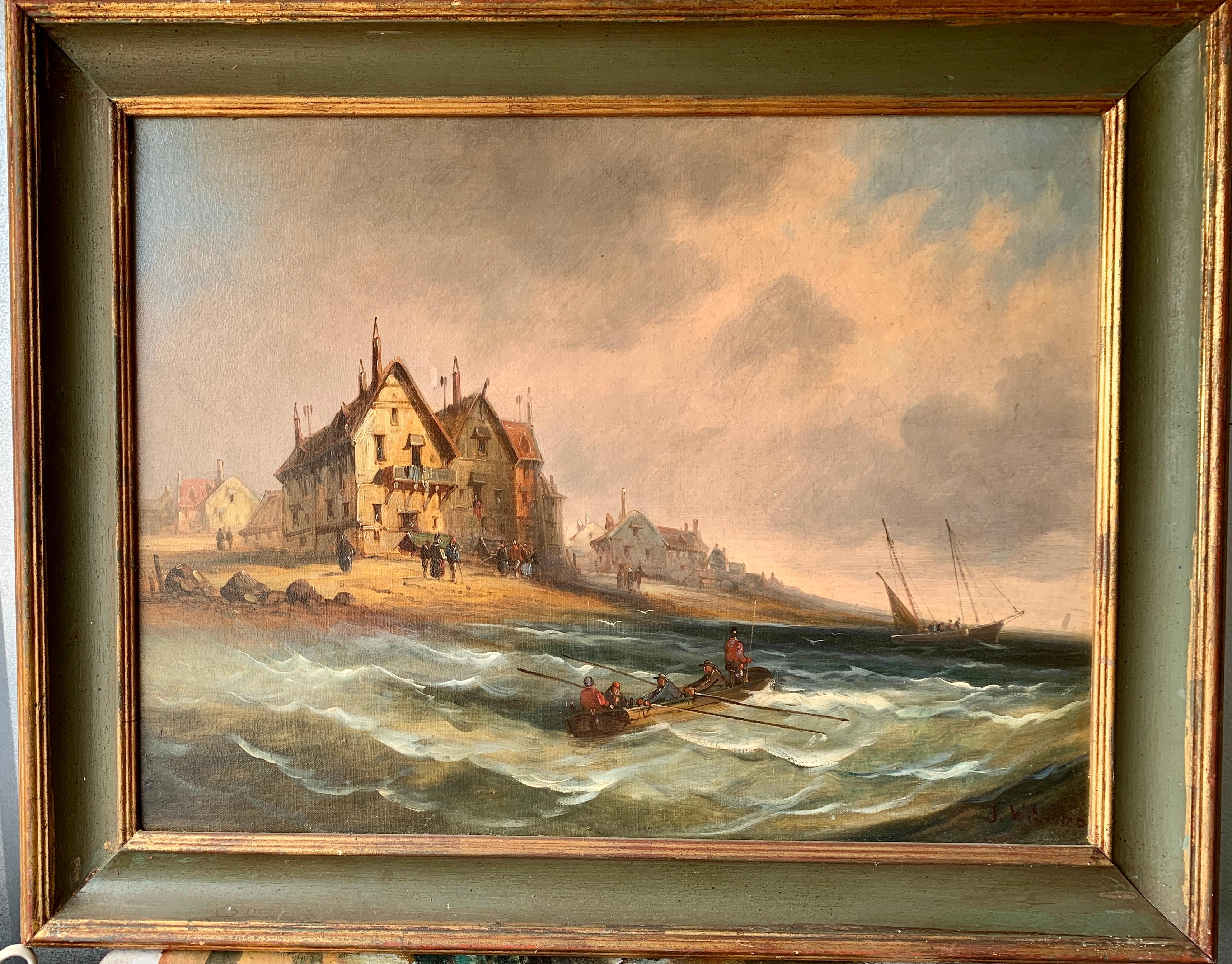 J.Willems Landscape Painting - French 19th century fishing boats off the coast with figures, houses and beach