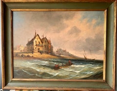 French 19th century fishing boats off the coast with figures, houses and beach