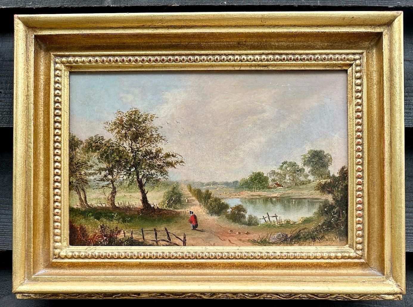 J.Wilson Figurative Painting - 19th century English Landscape with figure on pathway with Castle and pond.