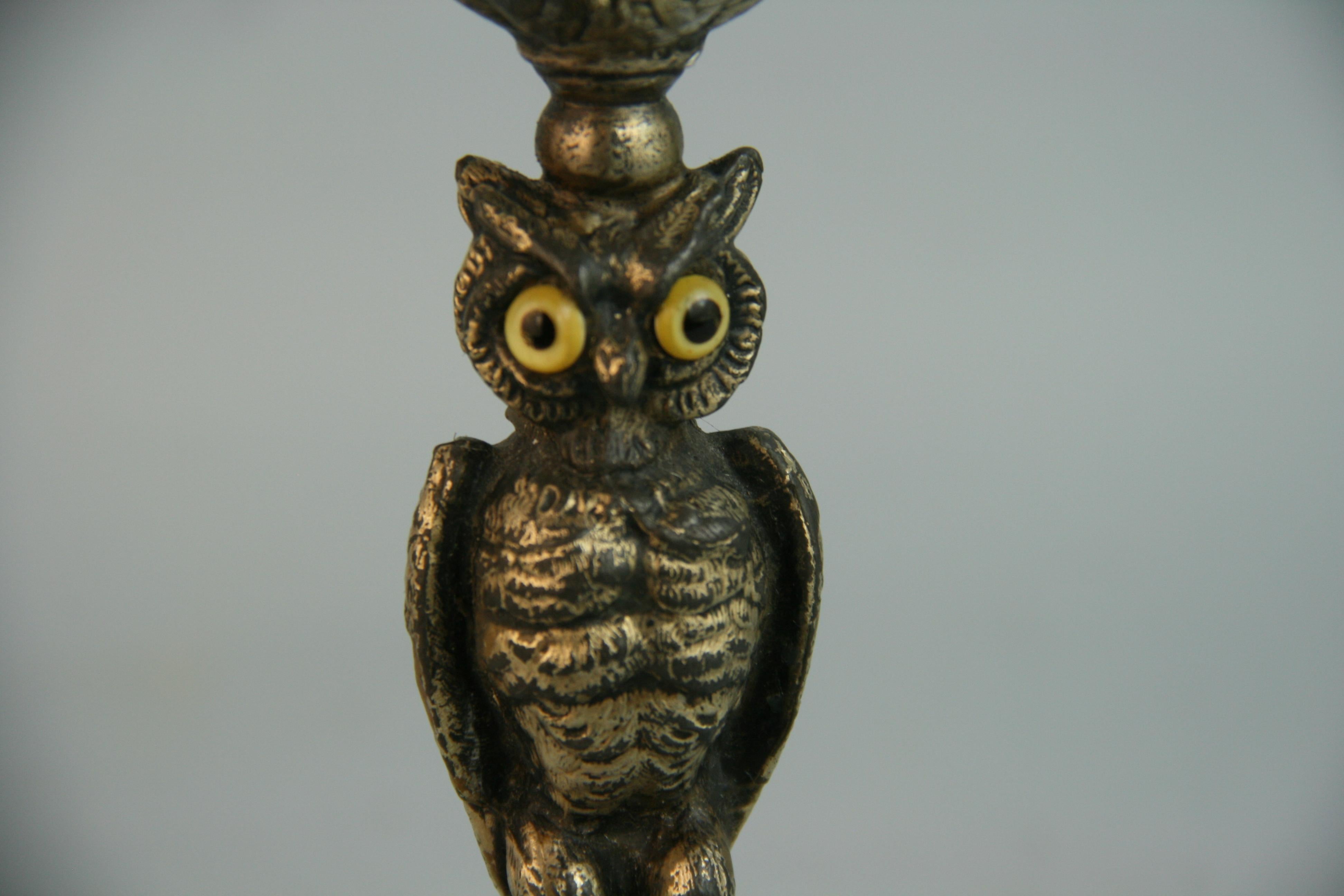 J.W.Tufts Owl Miniature Silvered Brass Candle Holder For Sale 5
