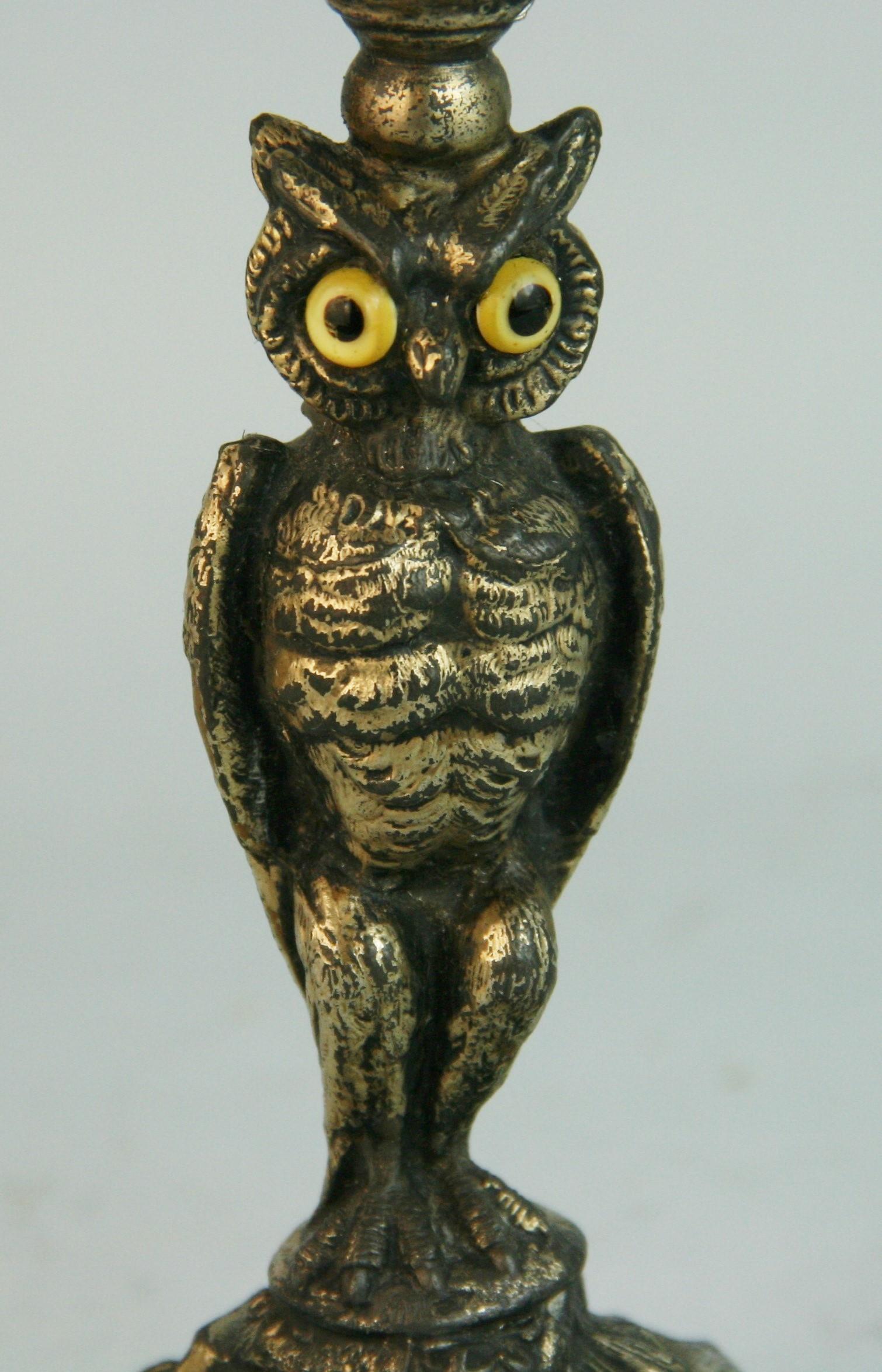 Hand-Crafted J.W.Tufts Owl Miniature Silvered Brass Candle Holder For Sale