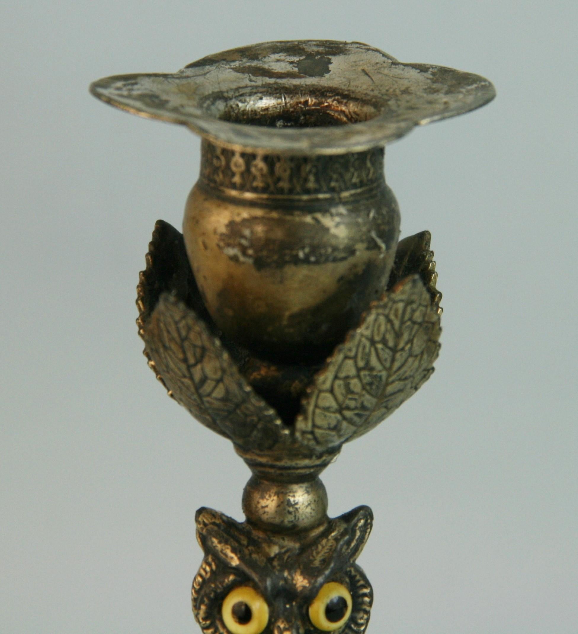 Late 19th Century J.W.Tufts Owl Miniature Silvered Brass Candle Holder For Sale