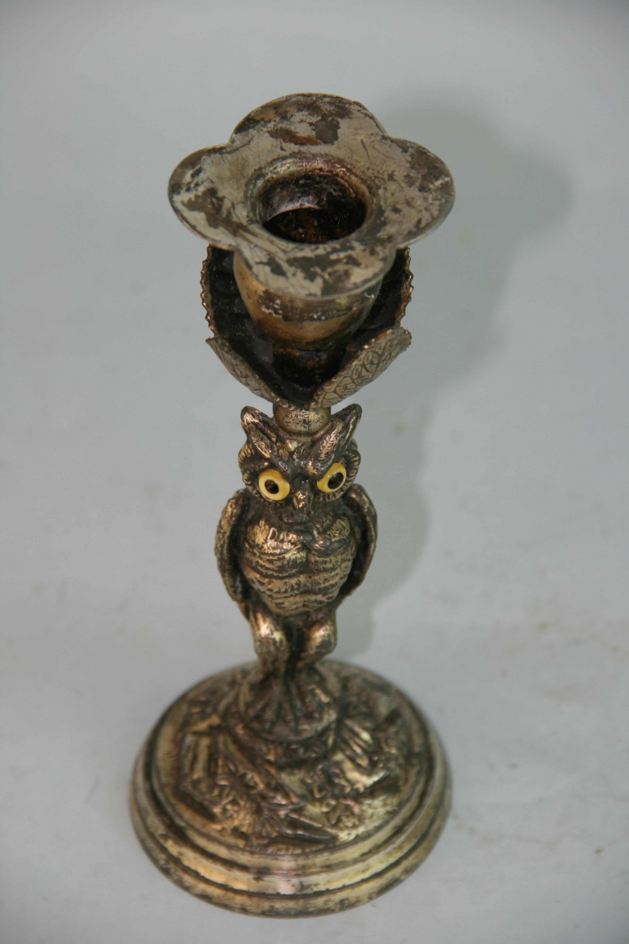 Silver Plate J.W.Tufts Owl Miniature Silvered Brass Candle Holder For Sale