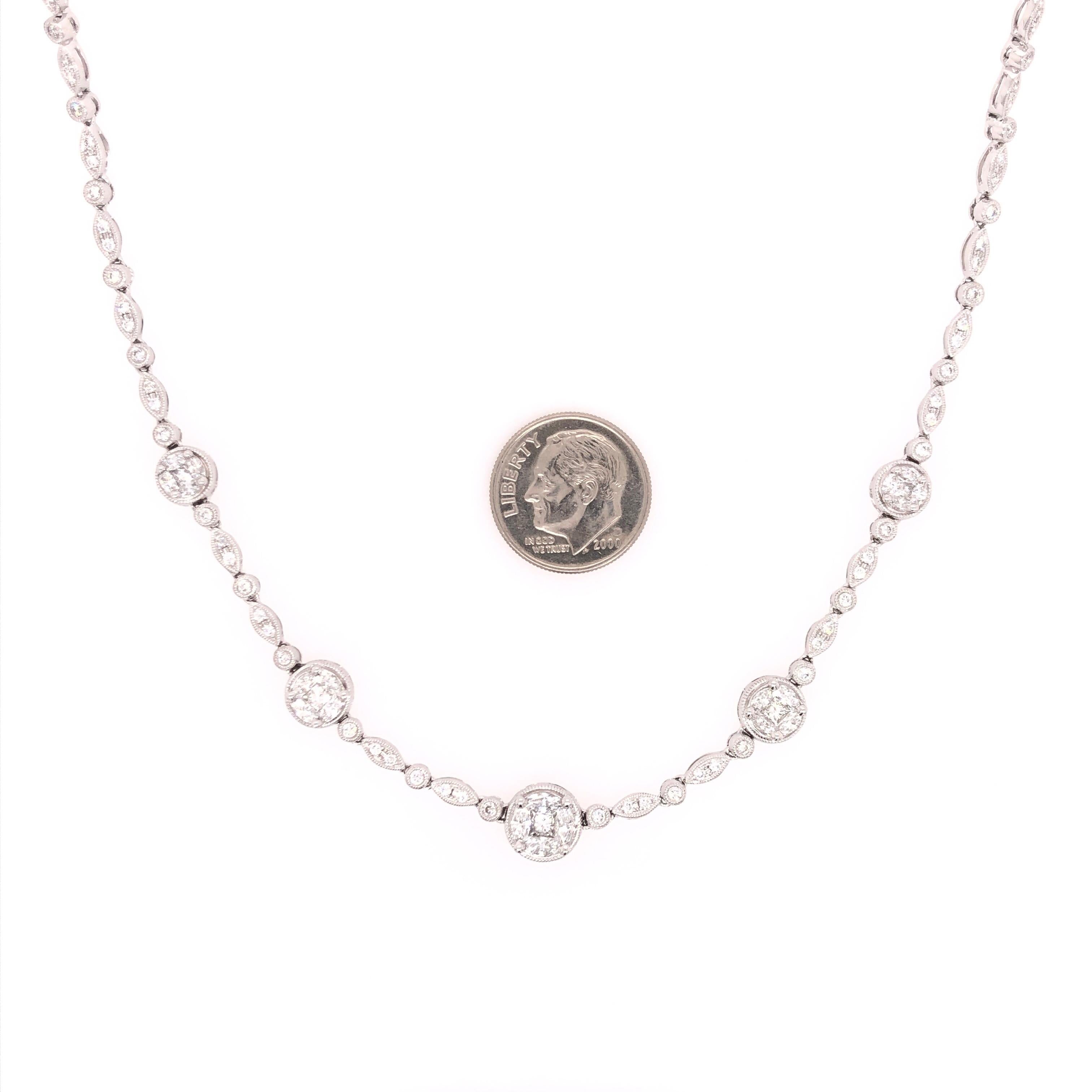 18K White Gold and Diamond Necklace from Jye's International.  This fabulous necklace has 1.49CTW Round Diamonds, .79 CTW Marquise Diamonds, .42CTW Pear Shaped Diamonds.

This stunning necklace is a beautiful combination of shapes for a stunning
