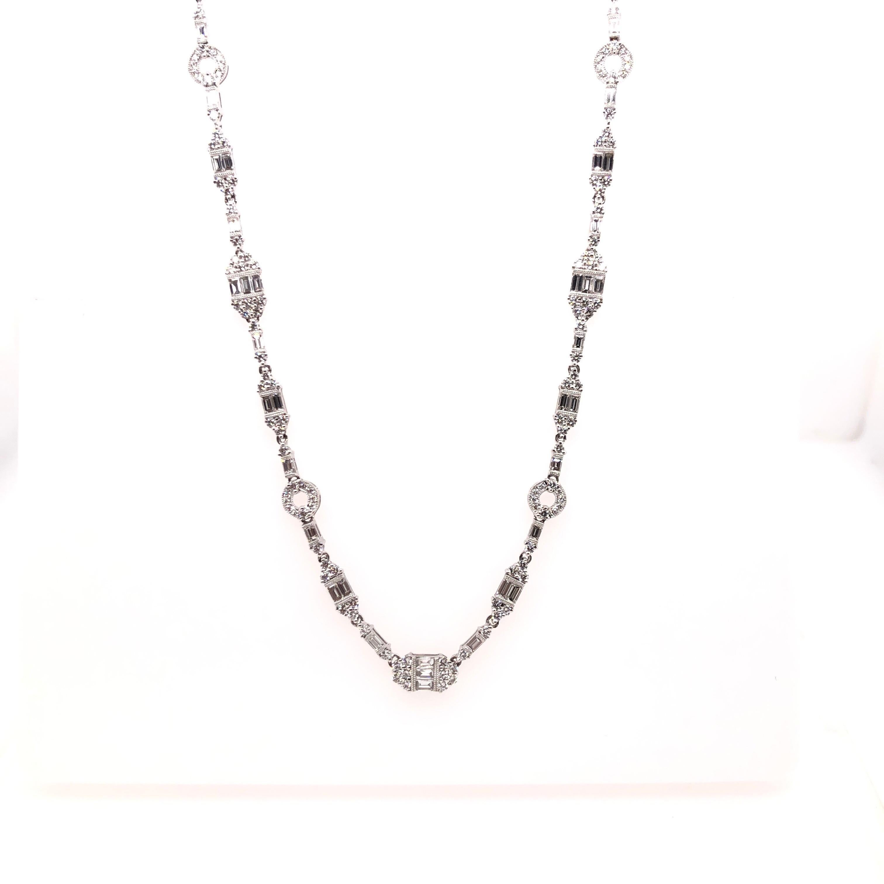 Modern Jye’s White Gold Necklace of Baguette and Round Diamonds