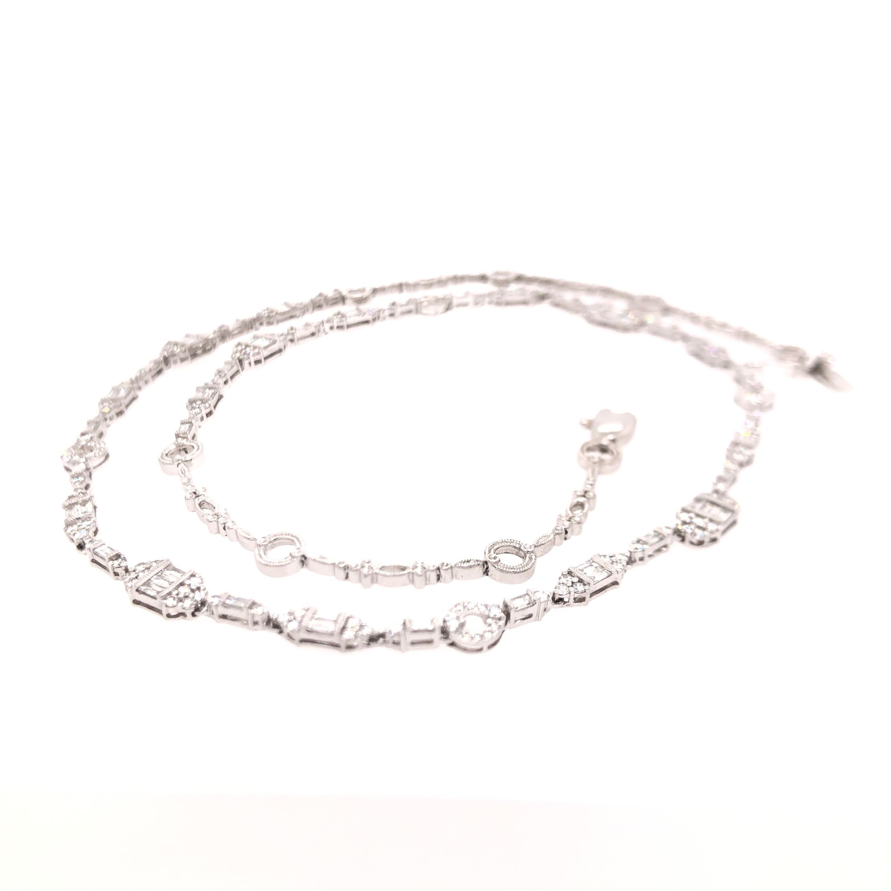 Baguette Cut Jye’s White Gold Necklace of Baguette and Round Diamonds
