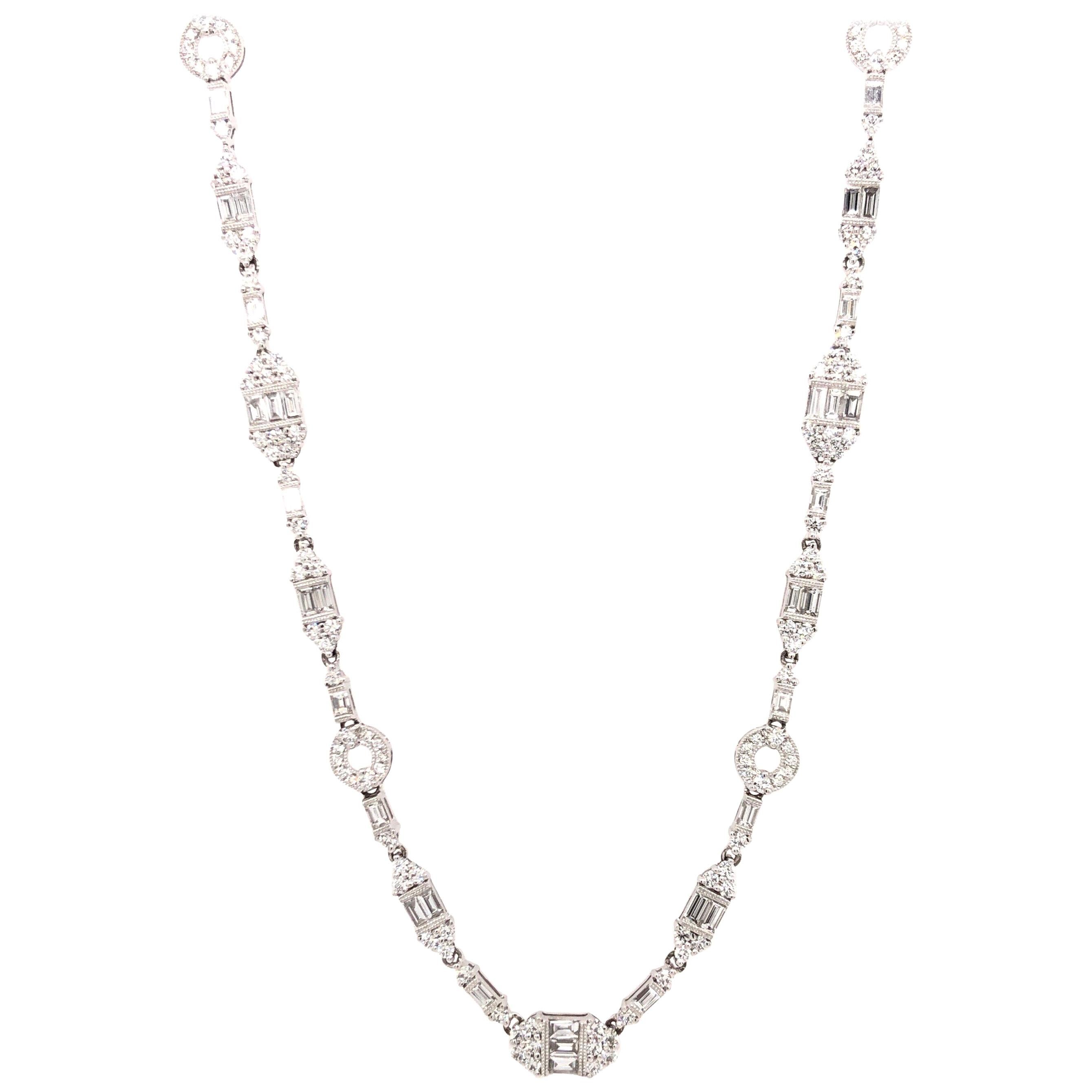 Jye’s White Gold Necklace of Baguette and Round Diamonds