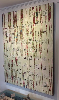 Peinture abstraite technique mixte « Entropy 39 » en rouge, blanc et vert clair