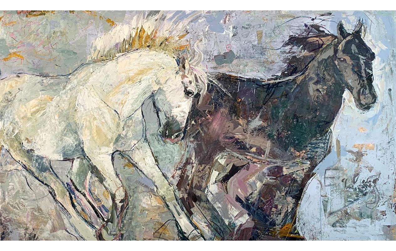 Jylian Gustlin Animal Painting - "Equus by Jylian + Dave Gustlin" Mixed media painting of two horses