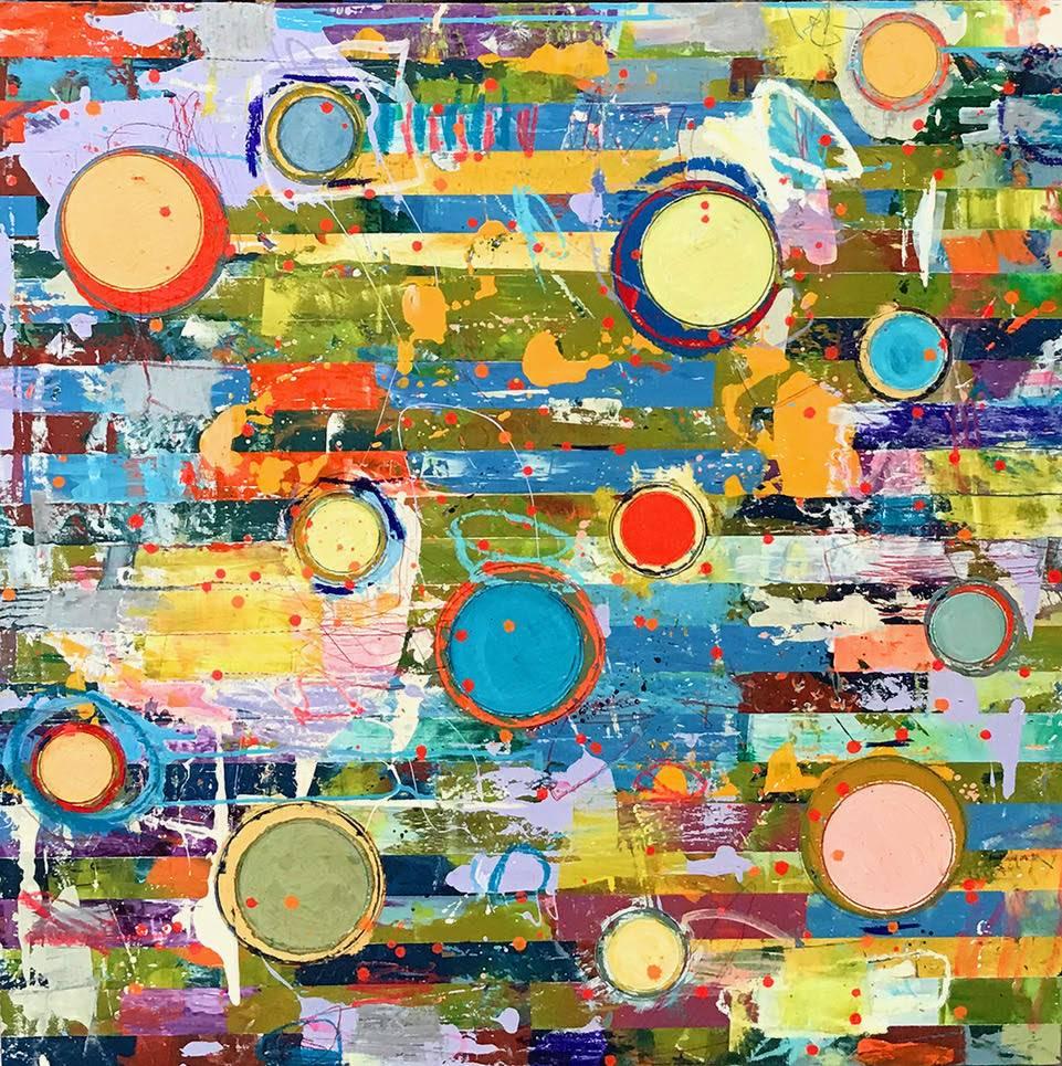 Jylian Gustlin Abstract Painting - "Fibonacci 383" Abstract in Bright Colors Yellow Green Blue Turquoise Red