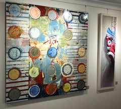 "Fibonacci 414" Peinture abstraite technique mixte avec blanc:: bleu:: jaune et rouge