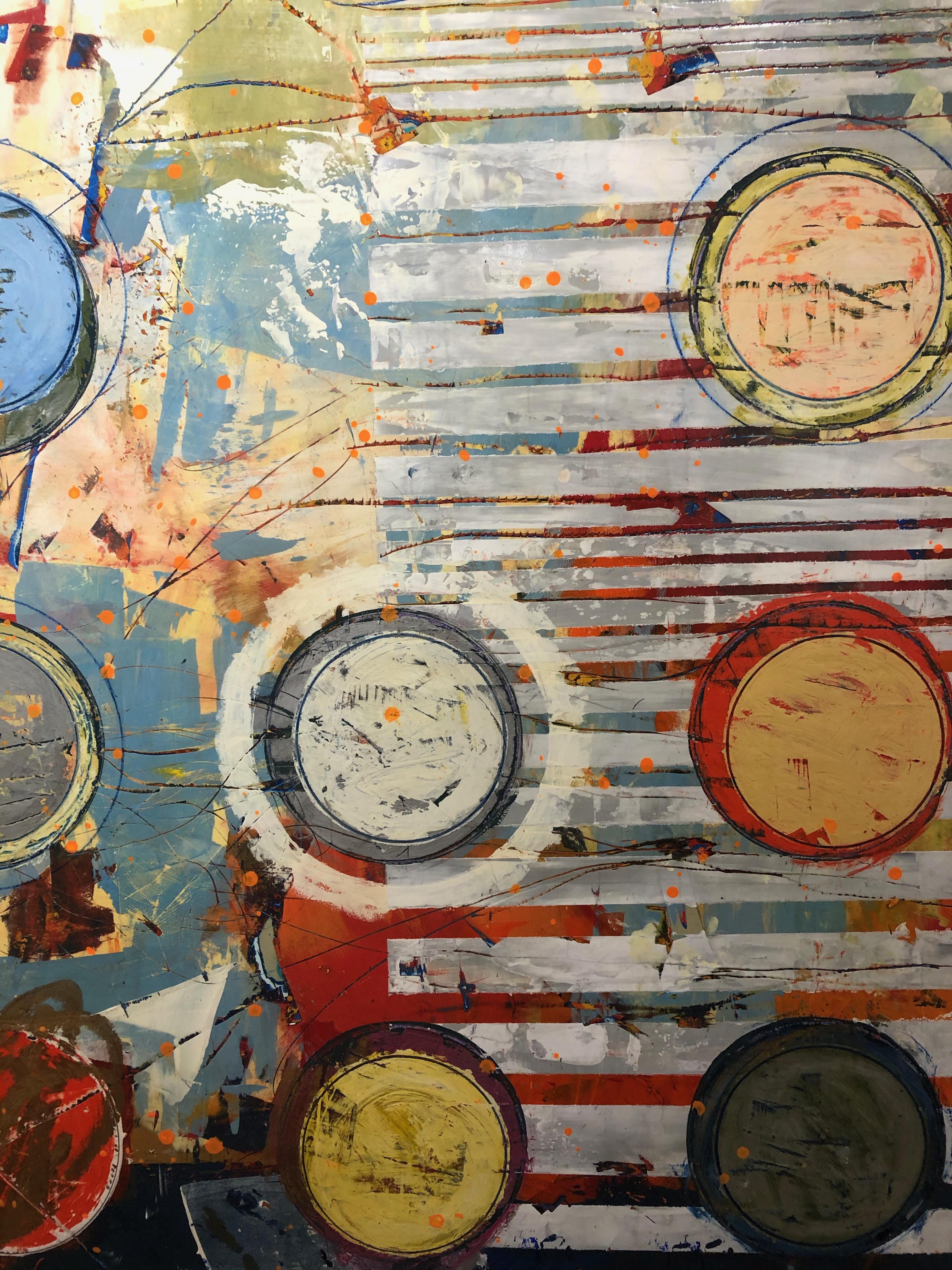 „Fibonacci 414“ Abstraktes Gemälde in Mischtechnik mit weißem:: blauem:: gelbem und rotem Muster (Grau), Abstract Painting, von Jylian Gustlin