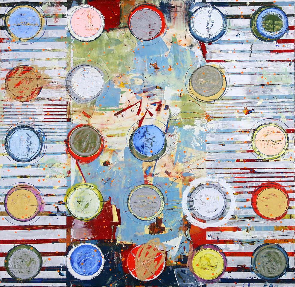 Jylian Gustlin Abstract Painting – „Fibonacci 414“ Abstraktes Gemälde in Mischtechnik mit weißem:: blauem:: gelbem und rotem Muster