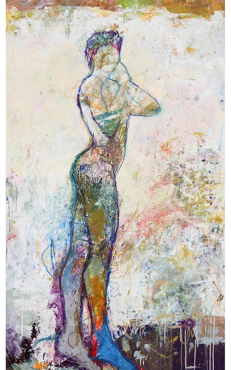 Jylian Gustlin Abstract Painting - "Juno 1" Mixed Media Figurative Painting with Bright colors and White