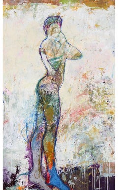 "Juno 1" Mixed Media Figurative Painting with Bright colors and White