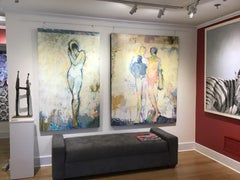 "Sirens 1" Figurative in Light Yellow, Pinks, Bright Colors, Drips and Lines