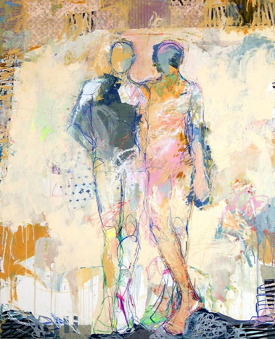 ""Sirens 1" Figuratives Gemälde in Hellgelb, Rosa, leuchtenden Farben, Tropfen und Linien