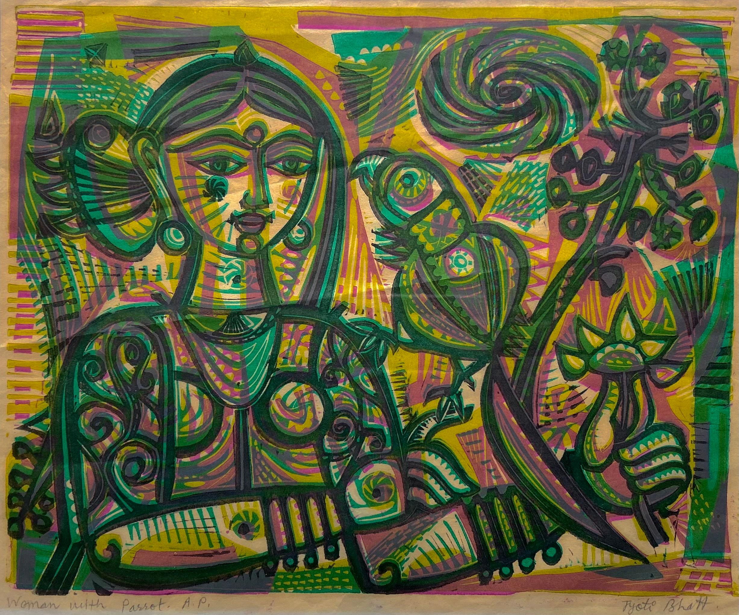 India Art Modern Contemporary Jyoti Bhatt Woman Parrot Signed Linocut 1964 2