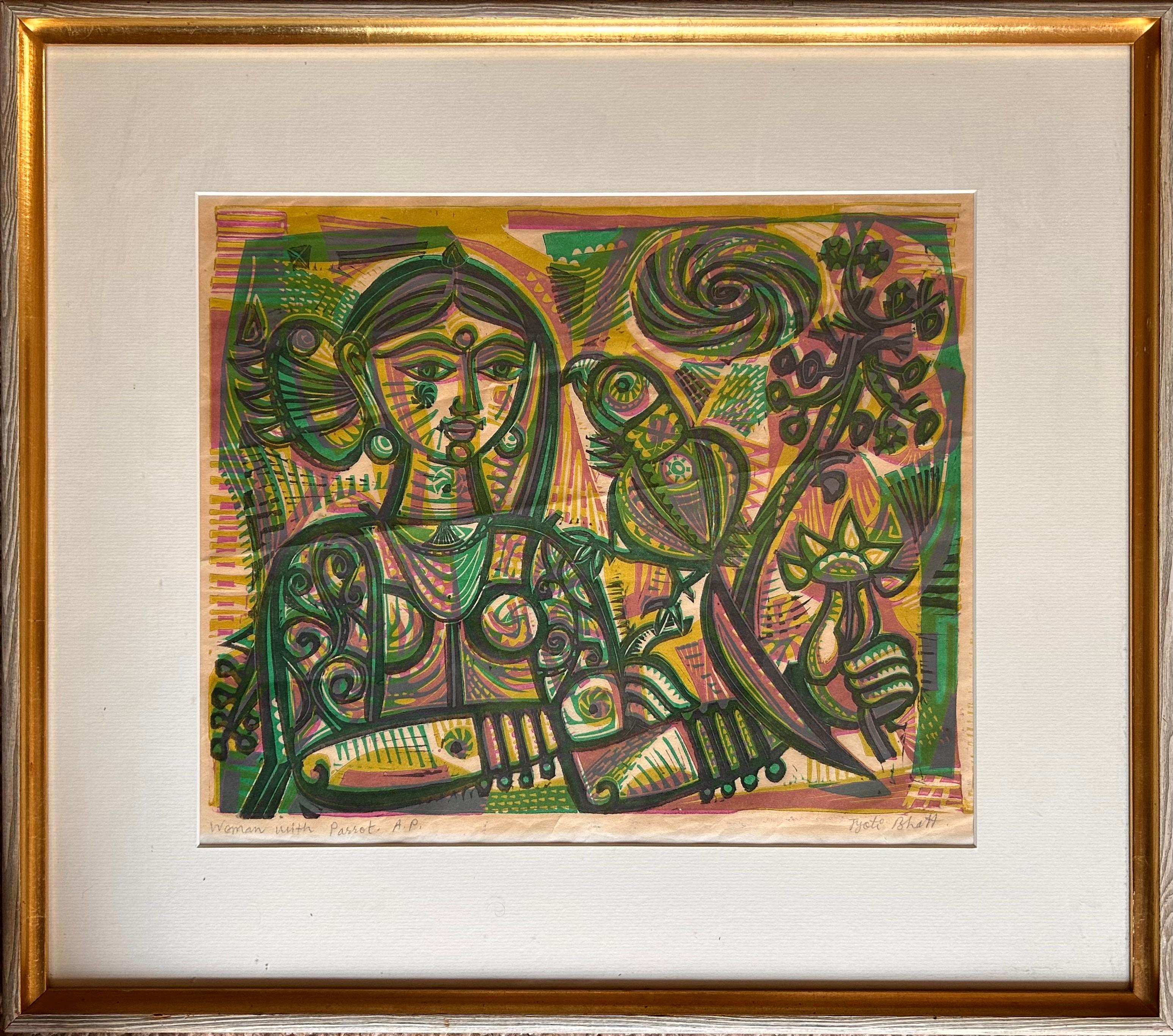 India Art Modern Contemporary Jyoti Bhatt Woman Parrot Signed Linocut 1964 3