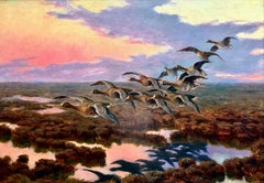 'Autumn Flight of Wild Geese' by József Pálfy (1864 – 1934) Hungarian Painter