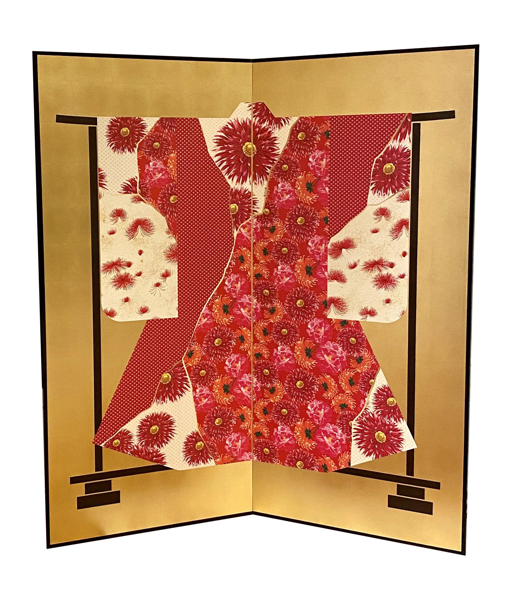 Contemporary K-3 Maiko Kimono 2 panels Screen Red Floral For Sale